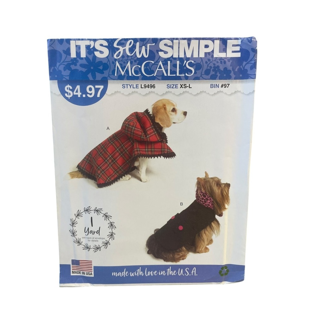 McCall's Dog Coat Sewing Pattern XS-L L9496 It's Sew Simple Uncut USA Made